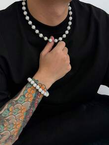 2pcs/Set European & American Men's Versatile Hip-Hop White Diamond Ball Necklace & Bracelet Set, Unique Men's Necklace, Beaded Bracelet Jewelry - White - View 3