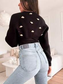 GIGOGOU 秋冬黑色粗针织 3D 刺绣花卉长袖开衫女式开衫，时尚百搭，优雅短款套头衫，适合通勤、情侣约会、度假、派对