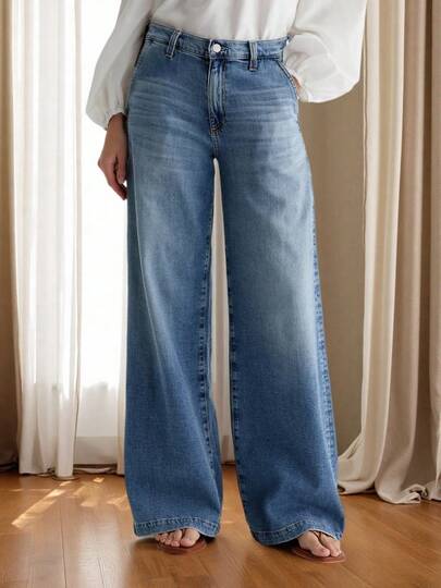 Casual Commute Washed Pocket Wide Leg Jeans