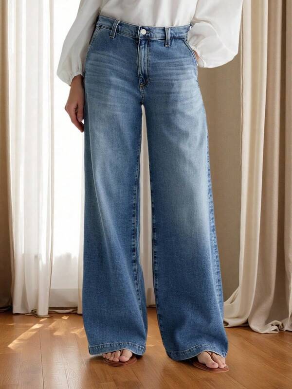 Casual Commute Washed Pocket Wide Leg Jeans