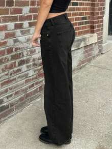 MYOURSA Low Rise Baggy Wide Leg Jeans Streetwear Casual Washed Vinatge Outfits - Black - View 2