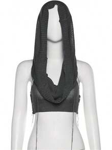 Women Knitted Hoodie Sweater Vest Sleeveless Hollow Out Hooded Crop Top Streetwear Rave Oufit - Gray - 查看 3