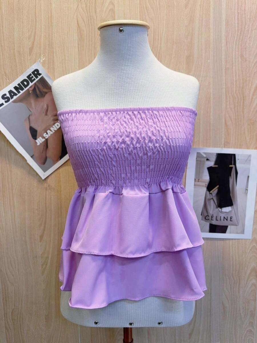 Cropped Elastic Blouse With Ruffle - Lila Púrpura - Ver 1