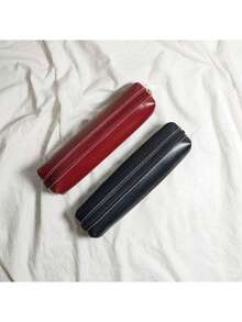 INS风格仿皮铅笔盒，酒红色/黑色简约拉链铅笔盒，大容量学生文具收纳袋