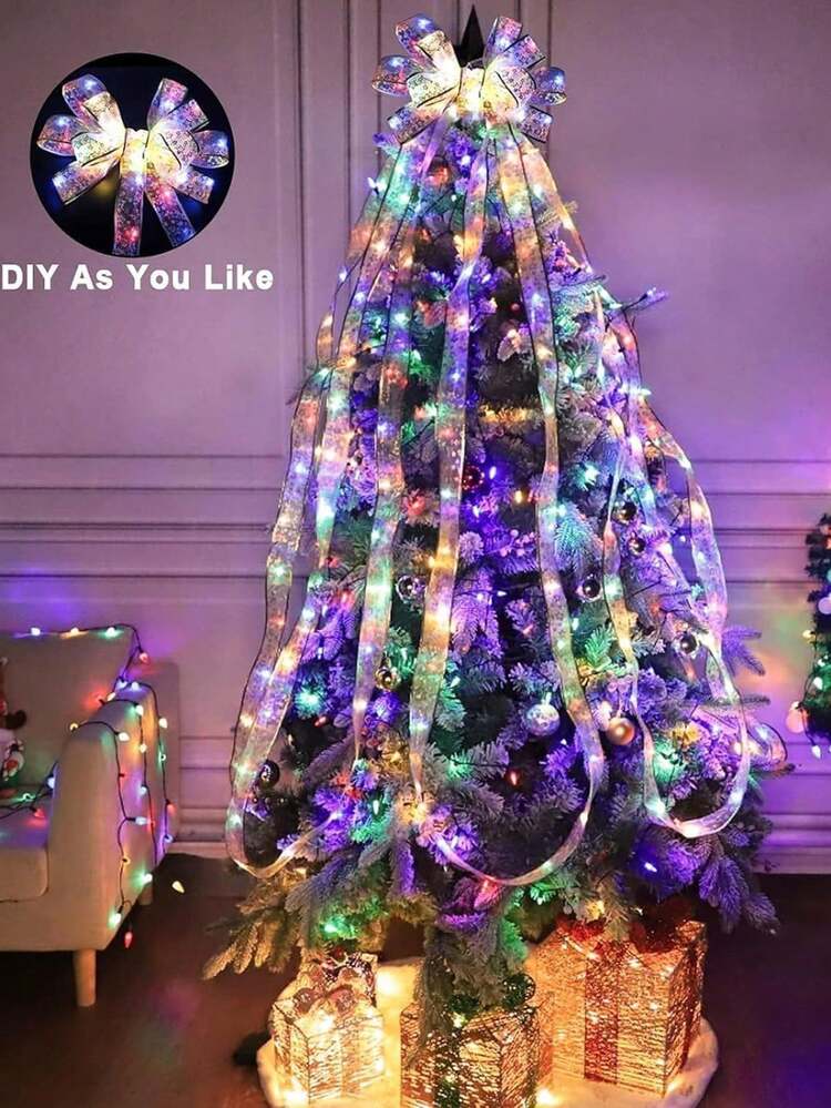 金色丝带圣诞装饰灯串，圣诞 LED 灯串，78.7 英寸圣诞丝带仙女灯，圣诞树吊坠礼物，装饰丝带灯带非常适合圣诞节、新年、婚礼派对、室内外楼梯壁炉装饰、花园、家居、客厅、生日礼物、蝴蝶结缎带装饰、闪闪发光的装饰、圣诞树灯（电池供电，无需插头） - 彩色 - 查看 4