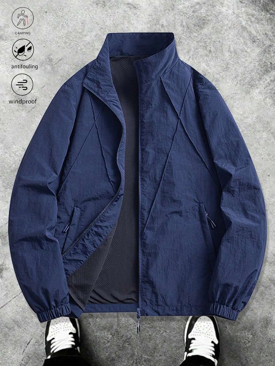 1pc Stand Collar Jacket, Featuring Minimalist Casual Style, Made Of Lightweight Breathable And Dirt-Resistant Fabric, With 3D Tailoring And Hidden Pockets, Suitable For Urban Youth's Daily Commute And Light Outdoor Exploration, Meeting The Needs Of Fashionable And Practical Dressing