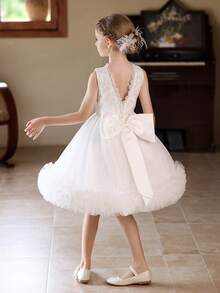 Girls' White Tulle Cake Dress Short Wedding Party Flower Girl Dress - White - View 5