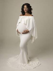 JustVH Pregnant Women Off-Shoulder Dress, Elegant Long Mermaid Gown Suitable For Baby Shower Photo Shoot White Spring - White - View 9