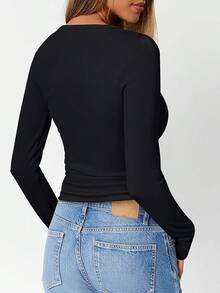 Long Sleeve Shirts For Women Henley Ribbed Fall Tops Dressy Business Casual Teen Girl Winter Cute Basic Tees - 黑色 - 查看 4