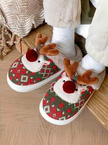 Pantuflas de felpa cálidas con puntera redonda con diseño de reno de Navidad, pantuflas interiores lindas con renos, regalo de Navidad versátil y de moda