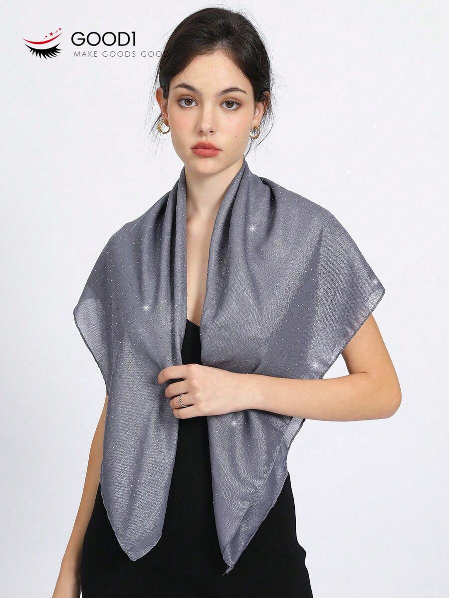 1 chiếc khăn choàng trơn có đính đá trang trí, khăn choàng đầu Bandana đa năng, phong cách thanh lịch phù hợp với mọi mùa, khăn vuông lớn sang trọng và thời trang cho tiệc lễ hội - Xám - Xem 1