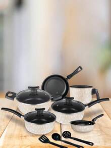 Cookware Set Casserole Set 9 Pieces Kit Nonstick Glass Lid Elegance With Cutlery - Blanco y Negro - Ver 1
