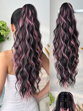 Claw Ponytail Extension Ombre Silver Pink 24 Inch Long Water Wave Hair Heat-Resistant Fiber Synthetic Ponytail Suitable For Daily Use By Women And Girls At Parties