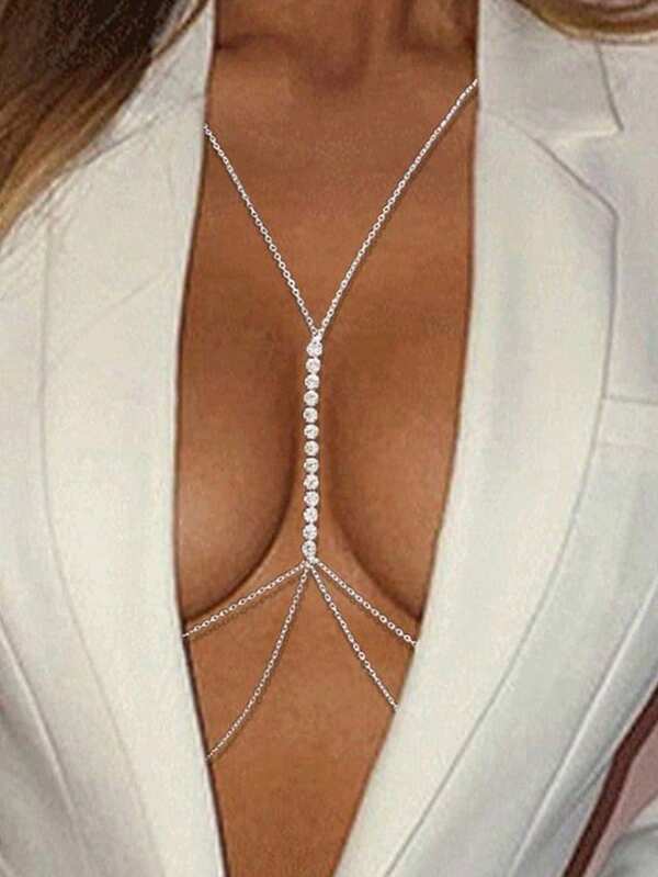 1 pieza Cadena corporal sexy para mujer, collar de cadena elegante, cadena de bikini, joyería de playa, cadena de cintura con cristales, sostén de bikini cruzado, playa de verano