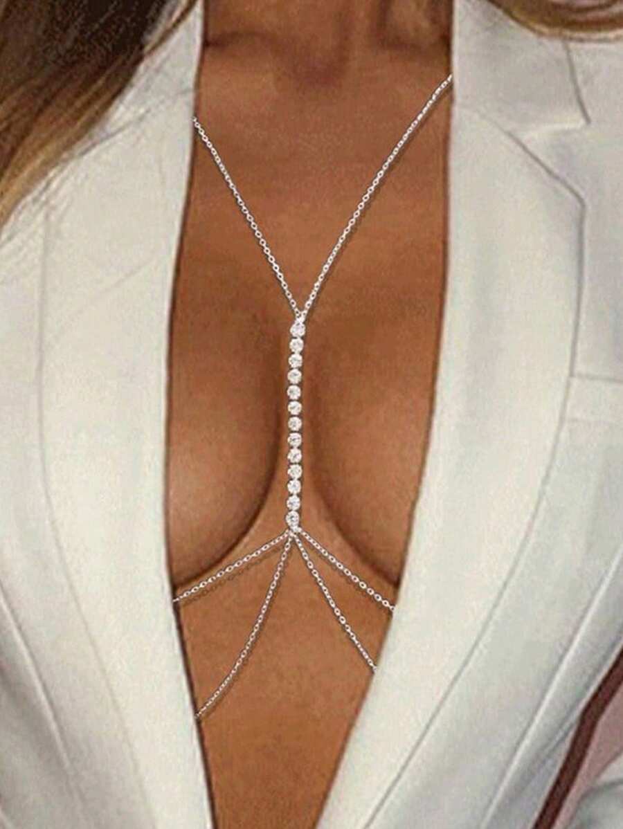 1 件女士性感身体链、优雅链式项链、比基尼链、沙滩珠宝、水晶腰链、交叉比基尼文胸、夏日海滩 - 銀色 - 查看 1