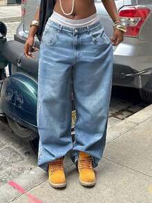 Women's High Waist Casual Y2k Streetwear Baggy Distressed Vintage Washed Wide Leg Jeans - Rửa trung bình - Xem 7