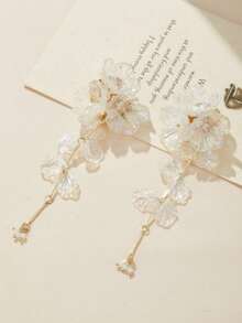 1 paire de boucles d'oreilles élégantes 3D de fleurs blanches, bijoux de luxe délicats avec de longs pompons en pétales, boucles d'oreilles pour fête, cadeaux d'amitié - boucle d'oreille - Voir 5