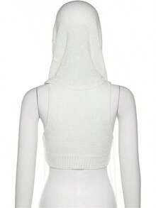 Women Knitted Hoodie Sweater Vest Sleeveless Hollow Out Hooded Crop Top Streetwear Rave Oufit - 白色 - 查看 6