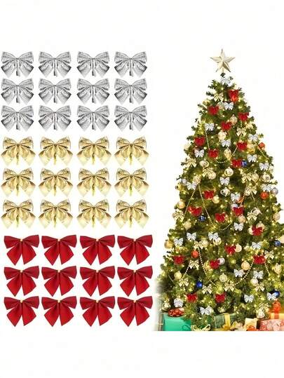 36pcs Christmas Decorations, Christmas Tree Ribbon Bows, Mini Gold Red Silver Christmas Bows, Classic Christmas Bows - Polyester Blend Material, Suitable For Christmas Tree And Wreath Decor, No Power Needed, Christmas Holiday Decor Style