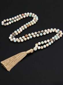 1pc New Bohemian Natural Stone Beaded Colorful Tassel Necklace, Sweater Chain Couples Necklace, Suitable For Daily Wear (Stone Bead Colors Vary In Each Batch)