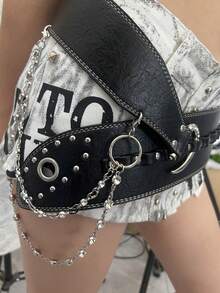 1 件纯色朋克街头 PU 皮革重型铆钉弯钩水钻链腰带，Y2K American Baddie 时尚朋克复古风格女式腰带，可搭配裙子和裤子