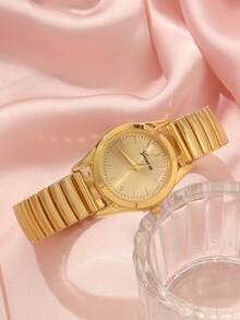 5件套女士时尚简约手表套装，多功能镀金合金镶钻石英表，搭配项链、戒指、耳环等配饰，适合派对、婚礼和日常佩戴，是送给女性的最佳礼物。 - 金色 - 查看 4