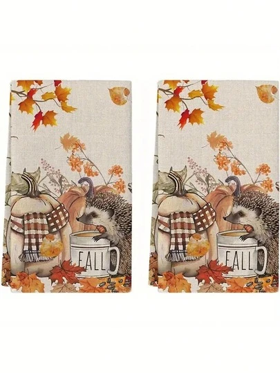 1/2 件厨房巾 - 秋季南瓜条纹厨房巾 舒适秋季厨房巾 - 15.7x23.6 英寸涤纶洗碗巾，带有刺猬和南瓜图案、枫叶和温暖围巾印花，吸水，适合烹饪、泡茶和清洁，秋季厨房装饰 | 舒适厨房装饰 | 涤纶洗碗巾，厨房洗碗巾