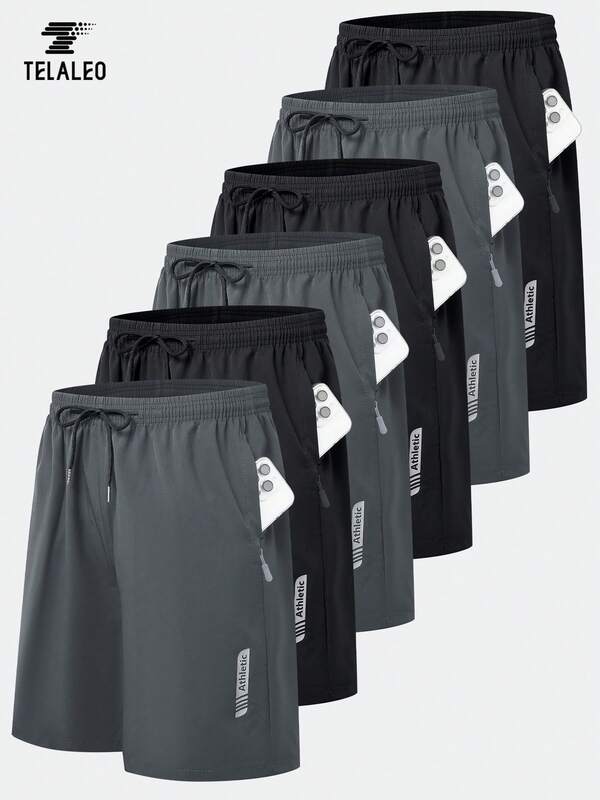 TELALEO 6pcs Men's Athletic Gym Workout Shorts, Quick Dry, Basketball Running Lightweight Shorts, Elastic Waistband Side Zipper Pockets, Woven Fabric