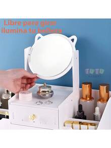 Caja de almacenamiento de cosméticos blanca de 1 pieza, Caja de almacenamiento de cosméticos de dos capas, caja de almacenamiento de joyas, estante para el cuidado de la piel, tocador, caja de exhibición de cosméticos, tocador con espejo y cajón con forma de oreja de gato, espejo de maquillaje, puede almacenar productos para el cuidado de la piel, cosméticos, joyas, cuidado de uñas, lápiz labial, etc., adecuado para tocadores, vestidores y dormitorios - Blanco - Ver 5