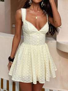 Women's Summer Mini Dress Stylish Solid Lace Trim Flower Embroidered Hollow Details Sleeveless V Neck A Line Dress - 黃色 - 查看 5