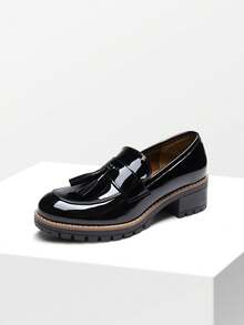 Women Black Patent Loafers Slip On Platform Chunky Heel Dress Work Business Casual School Preppy Loafers Autumn Shoes - 蒙特內哥羅 - 查看 3