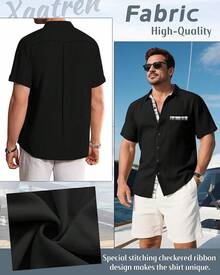 Men's Big And Tall Linen Shirts, Button Down Short Sleeve Summer Shirt Casual Cotton Beach Vacation Tops With Pockethalloween - 黑色 - 查看 4