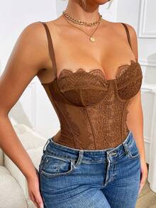 1pc Lace Bodysuit, Sexy Clubwear For Going Out, Party, Backless Camisole, Fitted Spaghetti Strap Top - Brown - View 4
