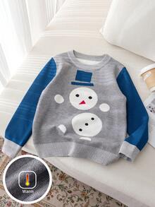 Young Boy Cute Snowman Knitted Pullover Sweater, Suitable For Casual Wear In Spring, Autumn And Winter - Grey - View 1