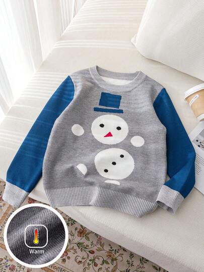Young Boy Cute Snowman Knitted Pullover Sweater, Suitable For Casual Wear In Spring, Autumn And Winter