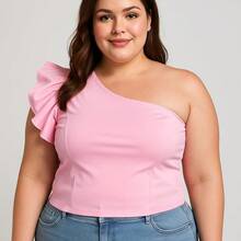 Women's Plus Size Suplex Crop Top With Padded Mule Sleeve With Ruffle - Rosa Pálido - Ver 2
