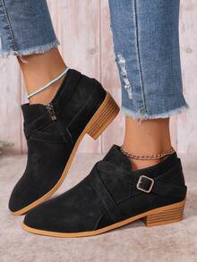 Western Style Side Zipper Buckle Ankle Boots