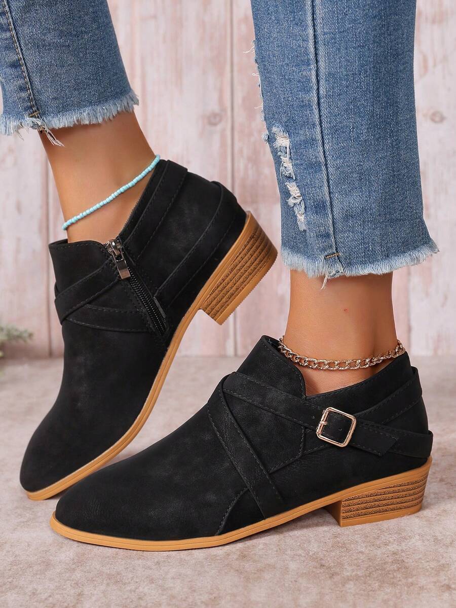 Western Style Side Zipper Buckle Ankle Boots