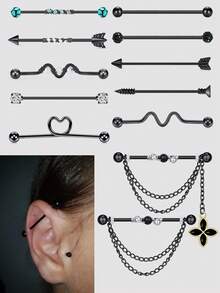 Black Industrial Barbell Earrings, Stainless Steel Cubic Zirconia Industrial Bar Piercing, Punk Long Flexible Cartilage Helix Piercing Earrings For Woman Man, Spiral Piercing Jewelry Party Daily Wear Night Out Social Gift