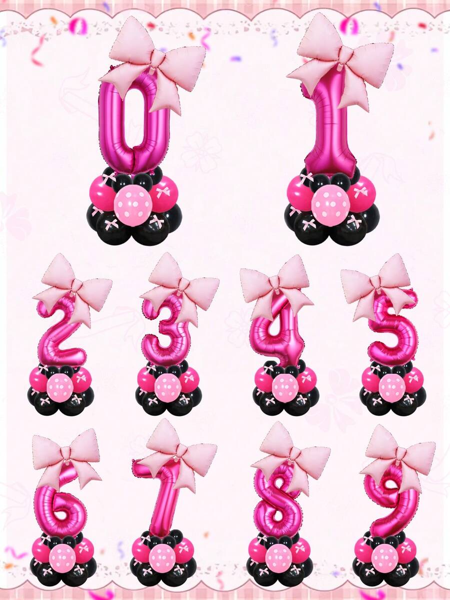 14 个气球和 10 个蝴蝶结，巨型紫红色数字气球套装，带蝴蝶结，32 英寸数字生日气球装饰，蝴蝶结形铝箔气球，适合生日派对、周年纪念日、黑色和粉色老鼠主题派对 - 彩色 - 查看 1