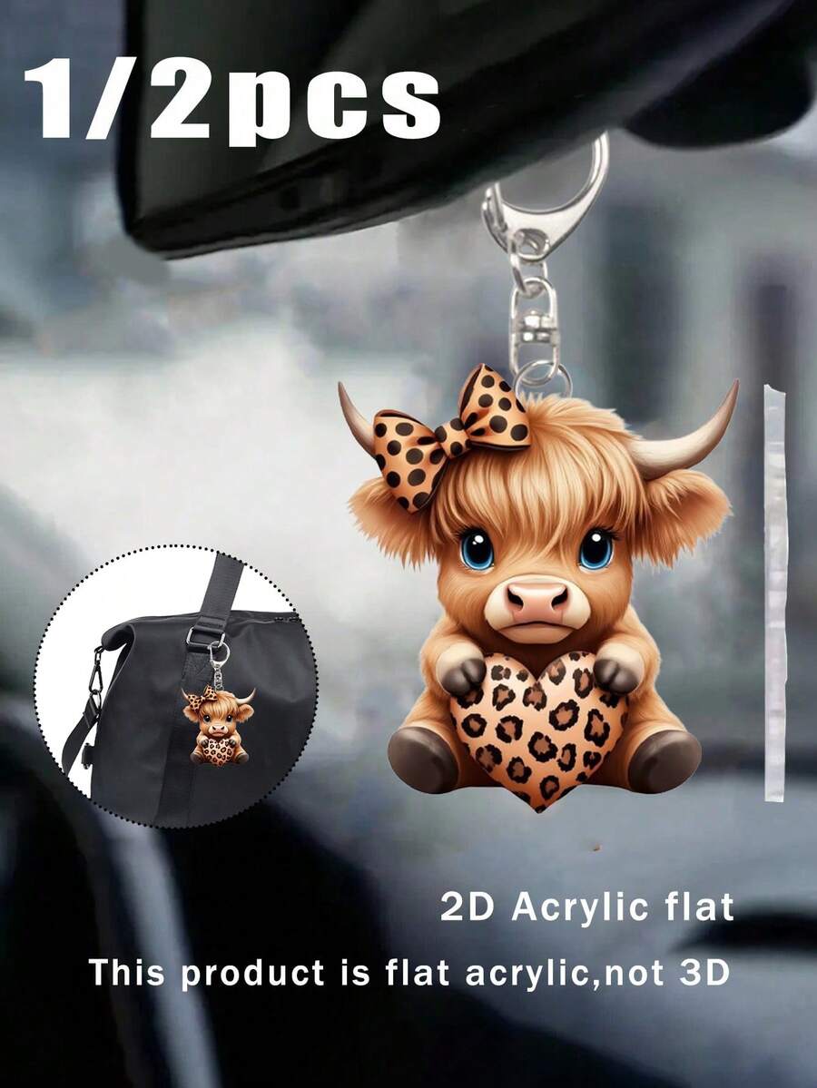 Encanto de bolso de acrílico de vaca de las tierras altas, encanto de acrílico de coche con estampado de leopardo y corazón, llavero de ternero de dibujos animados lindo, encanto de mosquetón, encanto de patrón de corazón de yak y leopardo para auriculares, estuche de teléfono. Ideal para colgar en llaves de coche, mochilas y bolsos. También es un gran regalo para el Día de la Madre, el Día del Maestro, Halloween, Navidad, etc. - Multicolor - Ver 1