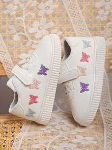 1双儿童男女通用多功能魔术贴休闲白色运动鞋，舒适透气卡通刺绣平底学生鞋，时尚校园风运动鞋 - 白色 - 查看 7