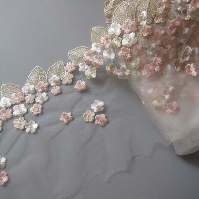 Gold Leaf Pink Flower Soft Mesh Embroidered Lace Trim Ribbon Fabric Sewing Supplies Craft Handmade DIY Baby Dress Clothes Curtains Sofa Decoration 12cm Width