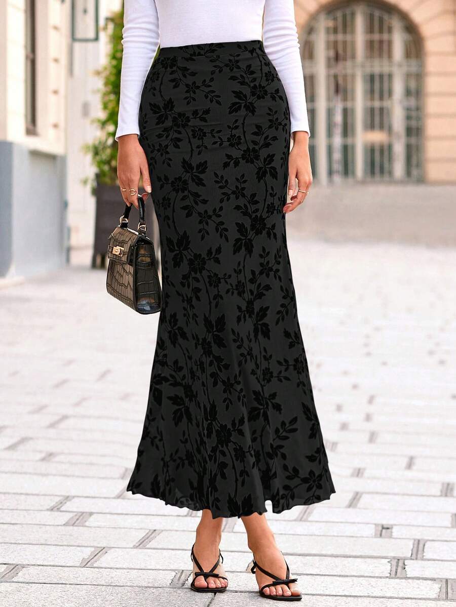 Women Elegant Floral Mesh Elastic High Waist Boho Mermaid Midi Skirt Spring Fall Autumn Holiday Party Club Wedding Guest Cocktail Valentine Outfits - 黑色 - 查看 1