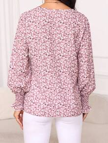 Autumn And Winter Women's Button Up Shirt With Cuffs Wrapped And Long Sleeves, Small Floral V-Neck Top