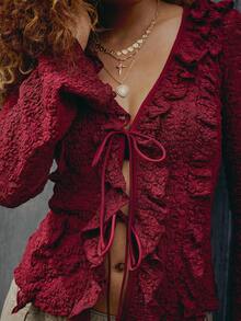 Women's Lace Open Front Tie Up Flared Long Sleeve Crop Top Blouse Shirt Aesthetic Streetwear - 酒紅色 - 查看 2