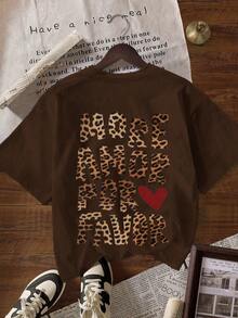 1pc Women Leopard Print & Letter Graphic Short Sleeve T-Shirt, Casual Crew Neck Cute Top, Suitable For Fall Outfits, Back To School Season