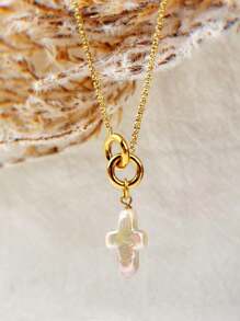 1pc Minimalist Elegant Luxury Asymmetrical Cultured Faux Pearl Cross Stainless Steel Waterproof Pendant Necklace, Suitable For Women's Daily, Party, Vacation, Banquet Wear, Great Gift For Mother, Wife, Girlfriend, Birthday, Christmas