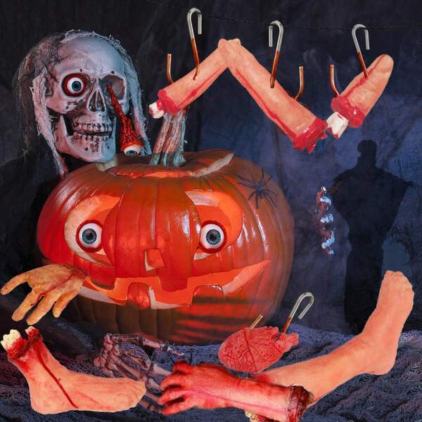 Decorazioni di Ognissanti orribili, arti e parti del corpo finte rotte e insanguinate come dita, gambe, braccia, piedi, cuore, accessori per feste di Ognissanti di dimensioni reali