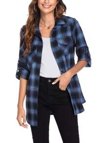 Women's Long Roll Up Sleeve Cotton Flannels Plaid Shirts Classic Fit Button Down Shirt Blouses With Pockets
